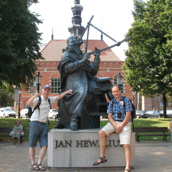 Wolfgang and Grzegorz - founders of the Araucaria Project next to the statue of Jan Heweliusz in Gdańsk, Poland, 2013