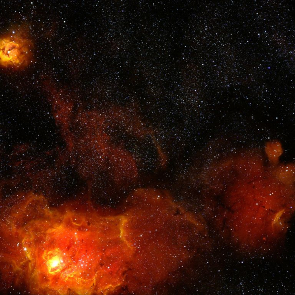 Lagoon and Trifid Nebula (M 8 and M 20), false color RGB image (H-α, S-II, I), created with Vysos 6 telescope. Credit: Universitätssternwarte Bochum