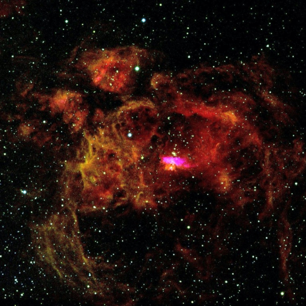 Lobster or War and Peace Nebula (NGC 6357), false color RGB image (H-α, S-II, I), created with Vysos 6 telescope. Credit: Universitätssternwarte Bochum