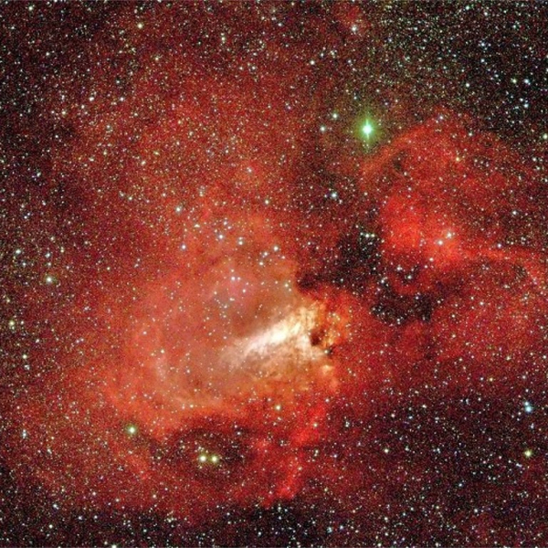 Omega Nebula (M 17), false color RGB image (H-α, V, B), created with Vysos 6 telescope. Credit: Universitätssternwarte Bochum