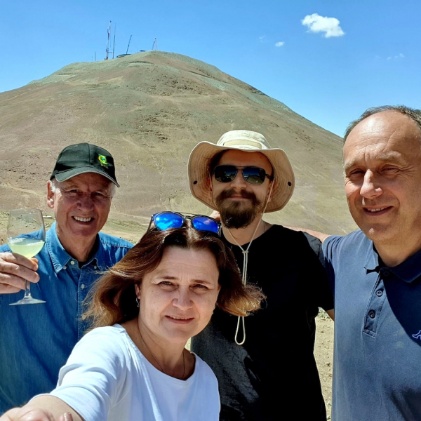 Wolfgang, Ksenia, Bartek and Grzesiek at the Observatory Cerro Armazones, currently Observatory Cerro Murphy (OCM), during construction of 3 new telescopes. ELT in the background. March 2023