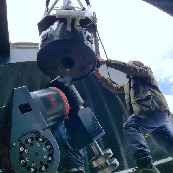0.6-m telescope being placed in its dome, OCA (currently OCM), 2023